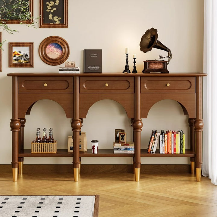 Traditional French Rubberwood Metal Plywood Arched Roman Column Console Table With 3 Drawers & 2-Tier Storage For Entryway