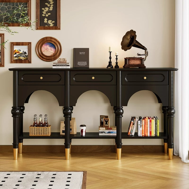 Traditional French Rubberwood Metal Plywood Arched Roman Column Console Table With 3 Drawers &amp; 2-Tier Storage For Entryway