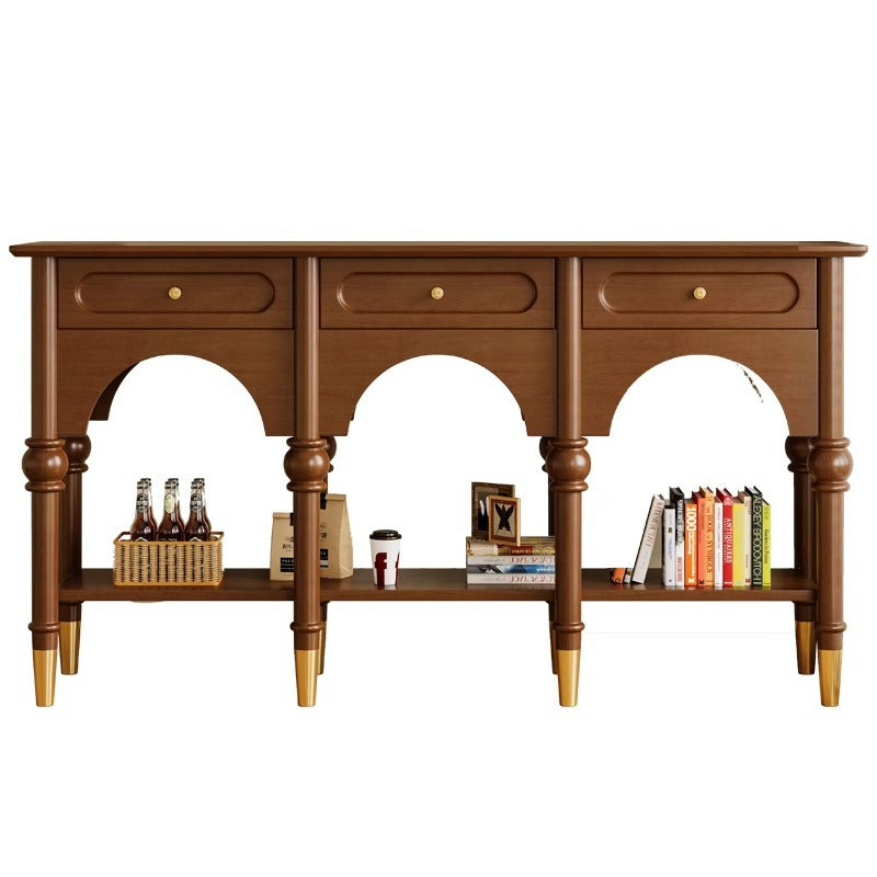Traditional French Rubberwood Metal Plywood Arched Roman Column Console Table With 3 Drawers &amp; 2-Tier Storage For Entryway