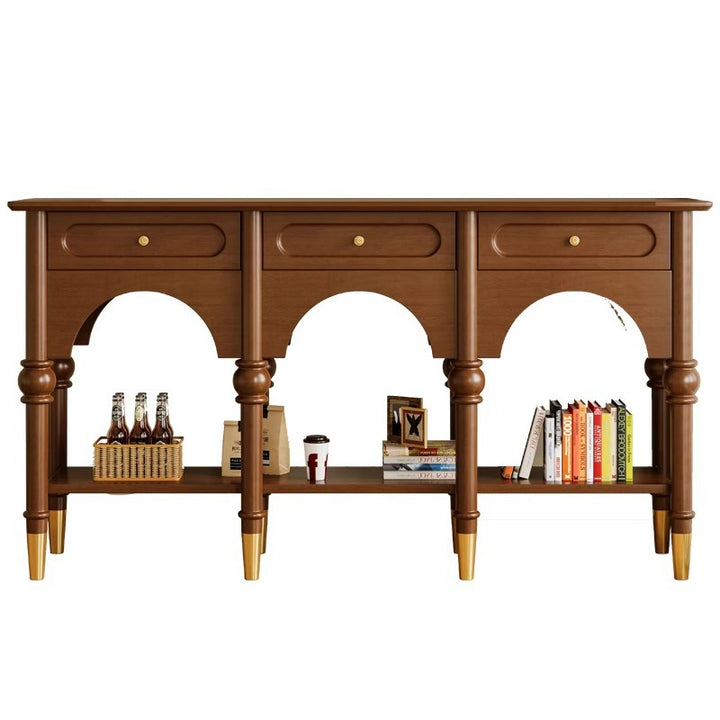 Traditional French Rubberwood Metal Plywood Arched Roman Column Console Table With 3 Drawers &amp; 2-Tier Storage For Entryway