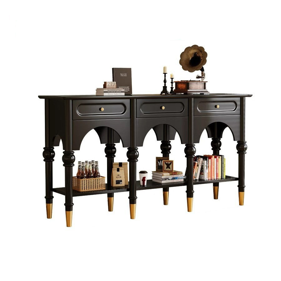 Traditional French Rubberwood Metal Plywood Arched Roman Column Console Table With 3 Drawers &amp; 2-Tier Storage For Entryway