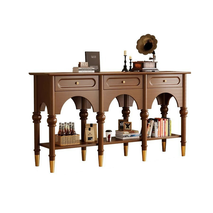 Traditional French Rubberwood Metal Plywood Arched Roman Column Console Table With 3 Drawers &amp; 2-Tier Storage For Entryway