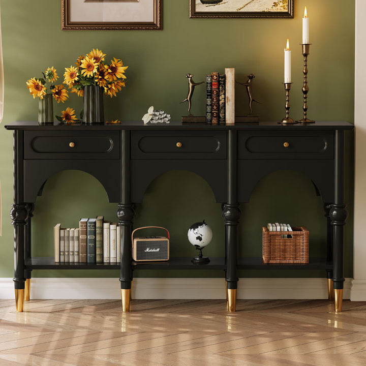 Traditional French Rubberwood Metal Plywood Arched Roman Column Console Table With 3 Drawers & 2-Tier Storage For Entryway