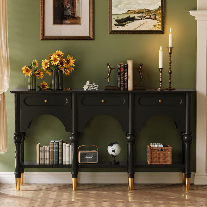 Traditional French Rubberwood Metal Plywood Arched Roman Column Console Table With 3 Drawers &amp; 2-Tier Storage For Entryway