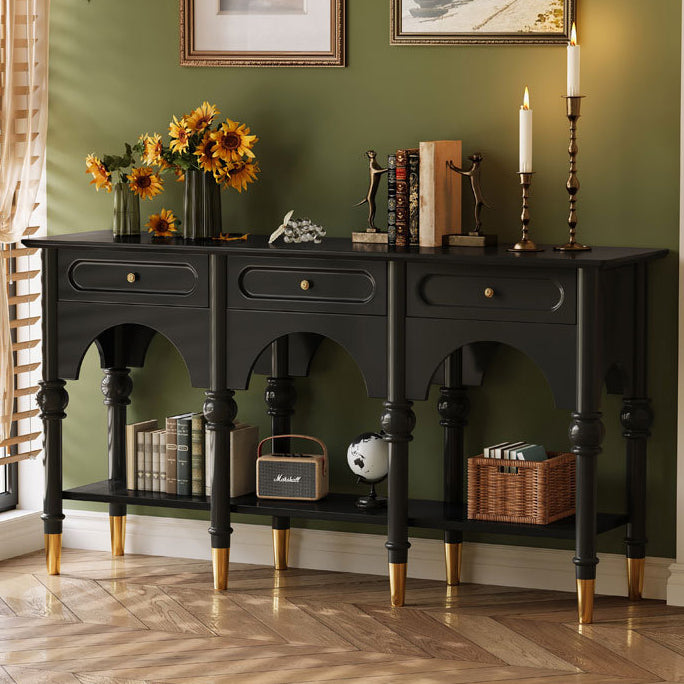 Traditional French Solid Wood & Metal Arched Roman Column Console Table With 3 Drawers & 2-Tier Storage For Entryway