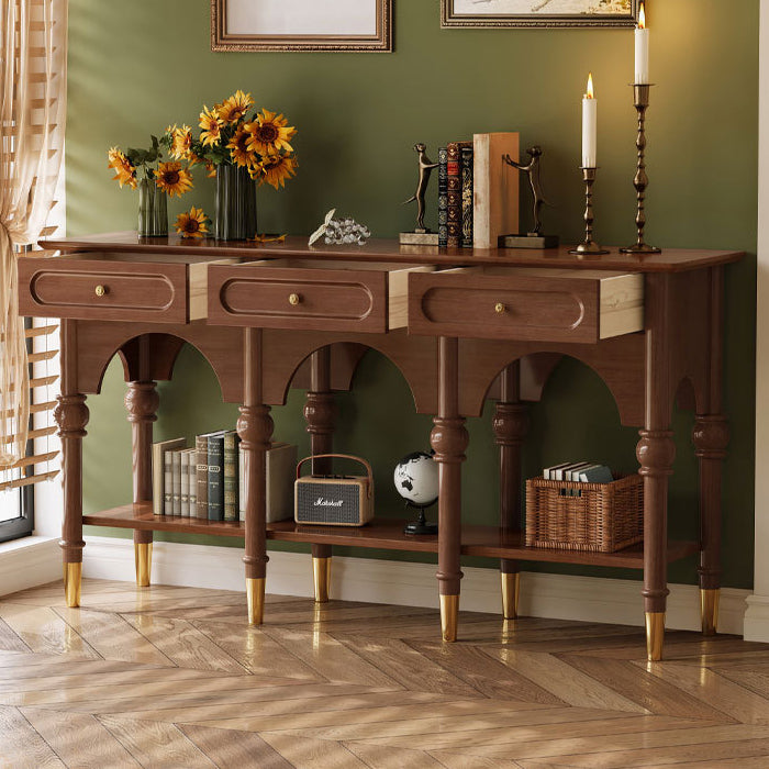 Traditional French Solid Wood & Metal Arched Roman Column Console Table With 3 Drawers & 2-Tier Storage For Entryway