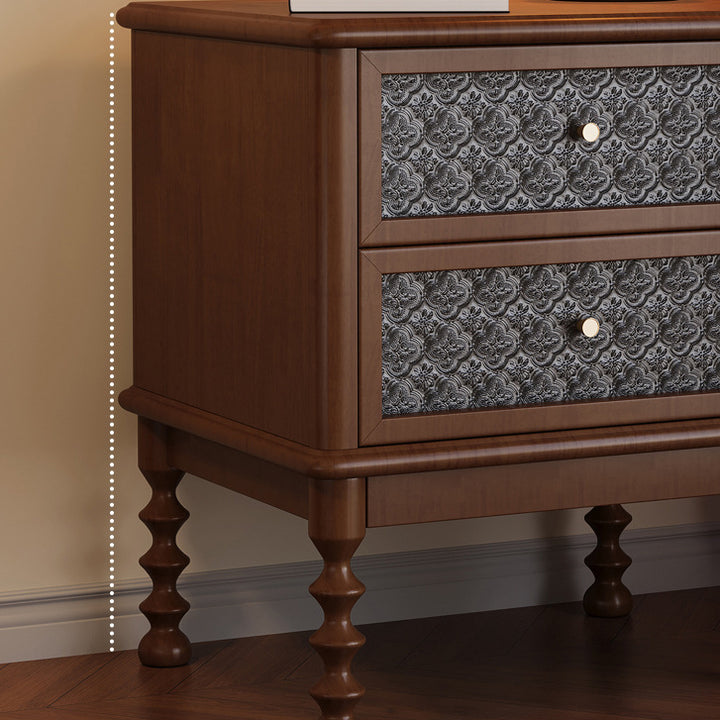 Mesita de noche rectangular contemporánea retro de madera de caucho, vidrio y metal con 2 cajones para almacenamiento junto a la cama 