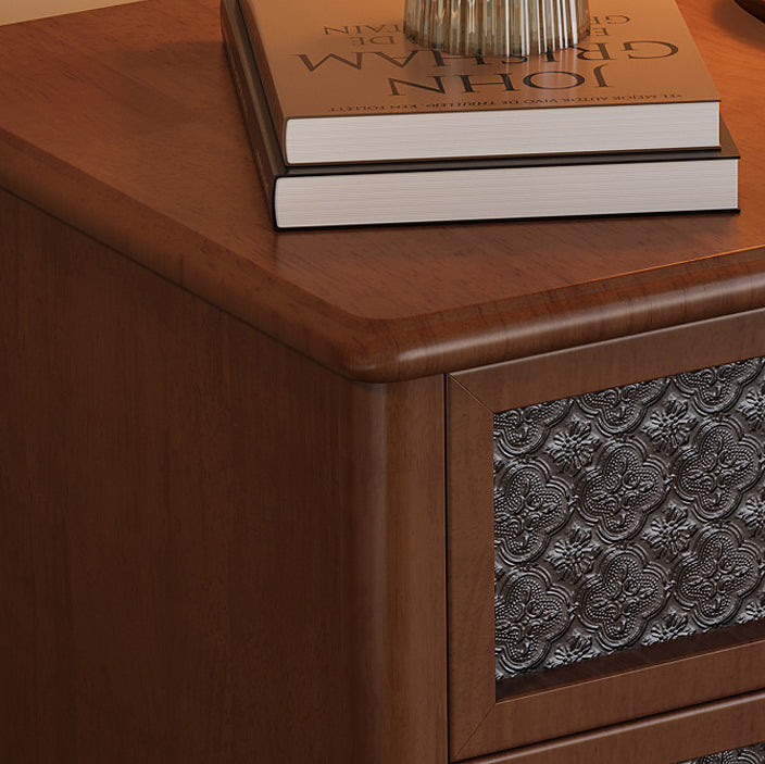 Mesita de noche rectangular contemporánea retro de madera de caucho, vidrio y metal con 2 cajones para almacenamiento junto a la cama 