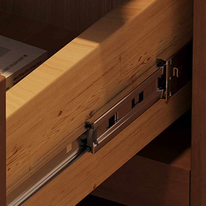 Mesita de noche rectangular contemporánea retro de madera de caucho, vidrio y metal con 2 cajones para almacenamiento junto a la cama 