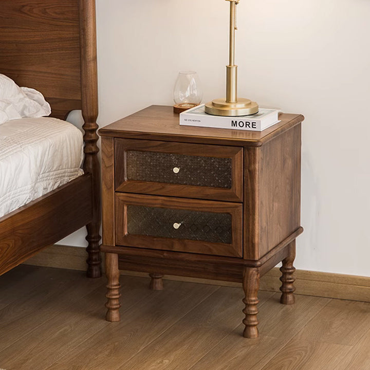 Mesita de noche rectangular contemporánea retro de madera de caucho, vidrio y metal con 2 cajones para almacenamiento junto a la cama 