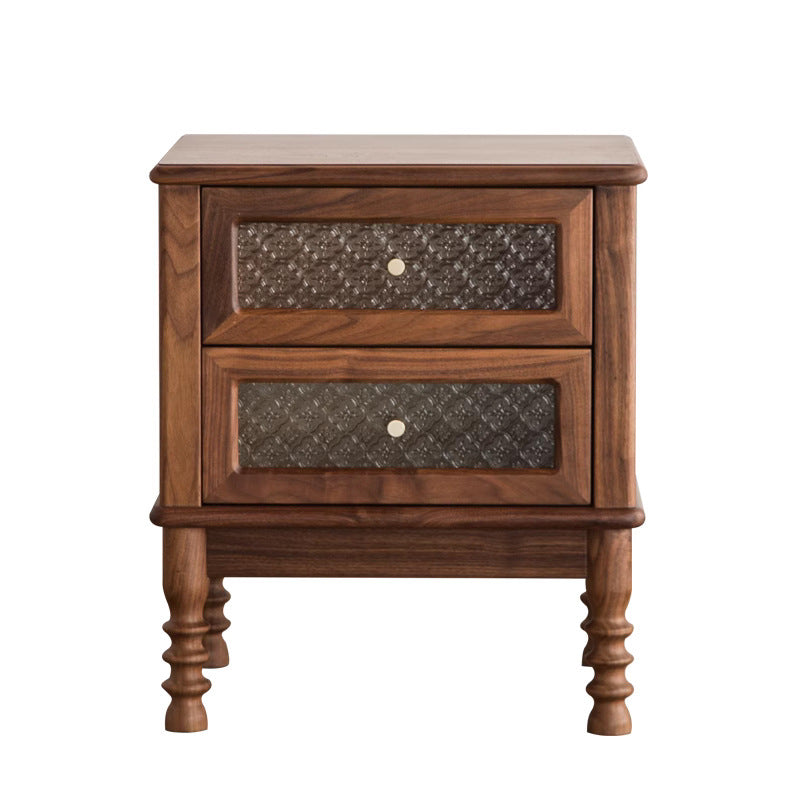 Mesita de noche rectangular contemporánea retro de madera de caucho, vidrio y metal con 2 cajones para almacenamiento junto a la cama 