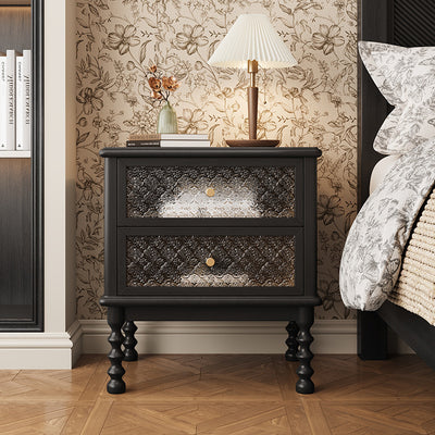 Contemporary Retro Solid Wood Glass Metal Rectangular Nightstand 2 Drawers For Bedside Storage