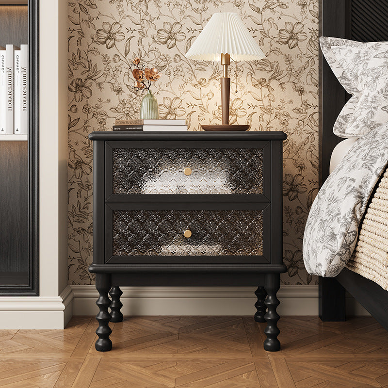 Contemporary Retro Solid Wood Glass Metal Rectangular Nightstand 2 Drawers For Bedside Storage