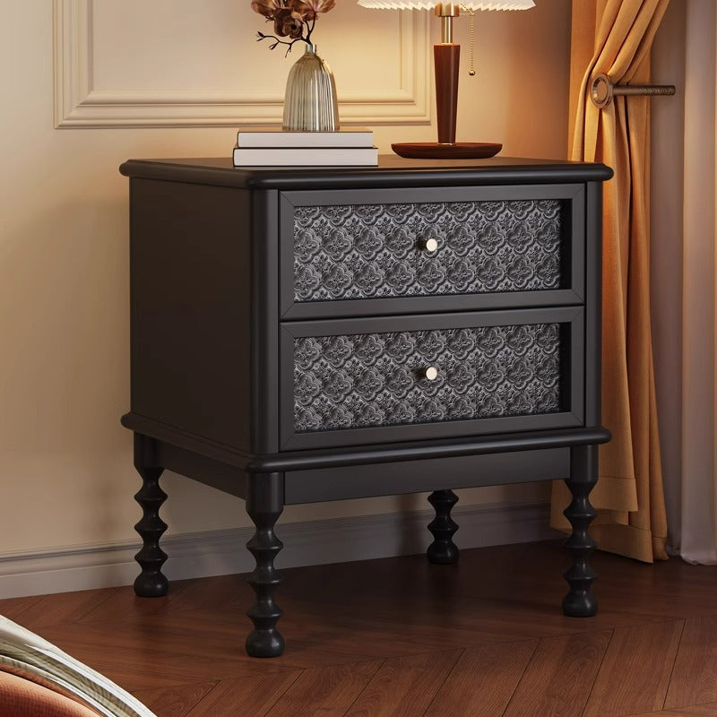 Contemporary Retro Solid Wood Glass Metal Rectangular Nightstand 2 Drawers For Bedside Storage
