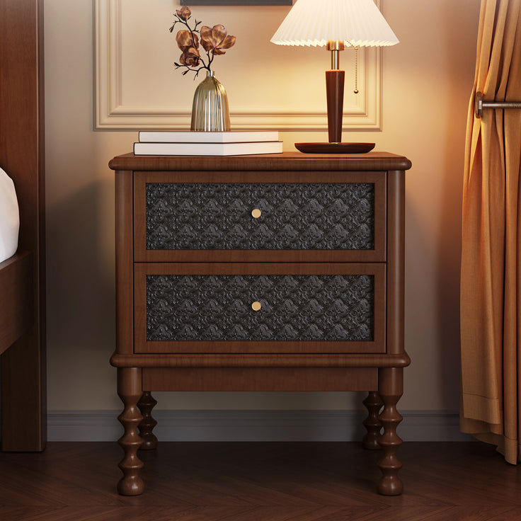 Mesita de noche rectangular contemporánea retro de madera de caucho, vidrio y metal con 2 cajones para almacenamiento junto a la cama 