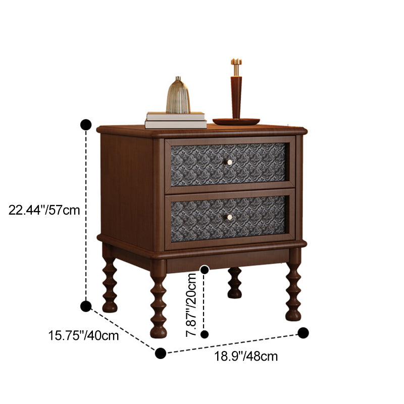 Mesita de noche rectangular contemporánea retro de madera de caucho, vidrio y metal con 2 cajones para almacenamiento junto a la cama 