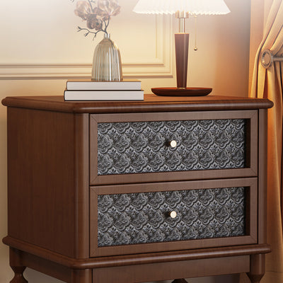 Contemporary Retro Solid Wood Glass Metal Rectangular Nightstand 2 Drawers For Bedside Storage