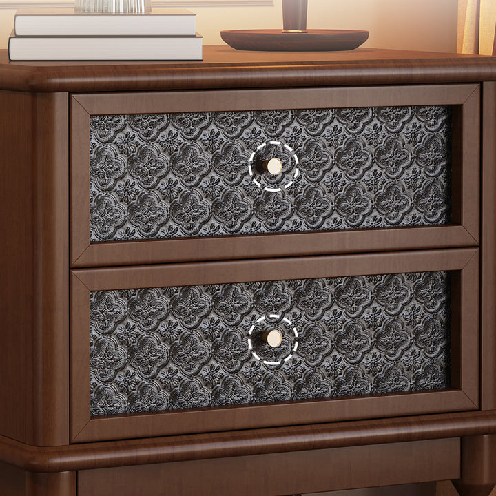 Mesita de noche rectangular contemporánea retro de madera de caucho, vidrio y metal con 2 cajones para almacenamiento junto a la cama 