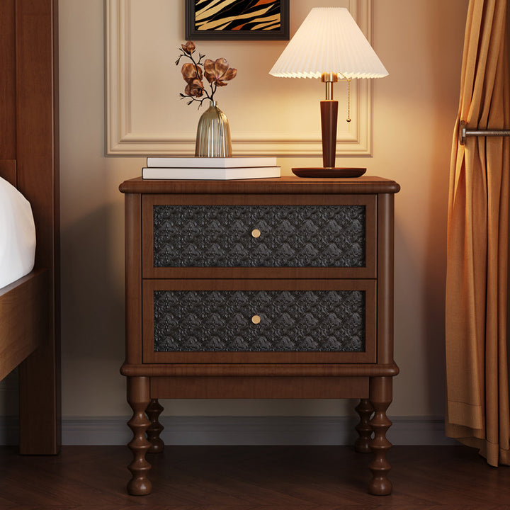 Mesita de noche rectangular contemporánea retro de madera de caucho, vidrio y metal con 2 cajones para almacenamiento junto a la cama 
