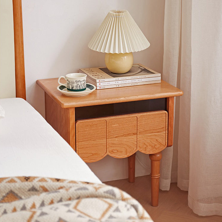 Traditional Japanese Cherry Wood Rectangular Wave-Design Nightstand With 1 Drawer Ideal For Bedroom Storage