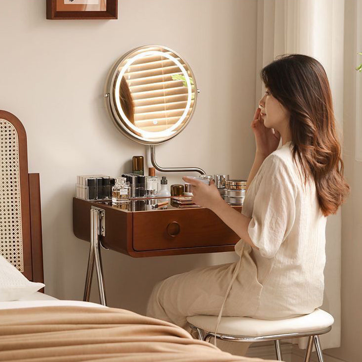 Tocador de maquillaje rectangular contemporáneo retro de madera maciza, acero inoxidable y vidrio con 1 cajón de almacenamiento para el dormitorio 