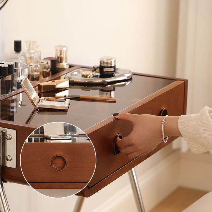 Tocador de maquillaje rectangular contemporáneo retro de madera maciza, acero inoxidable y vidrio con 1 cajón de almacenamiento para el dormitorio 
