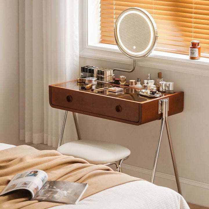 Tocador de maquillaje rectangular contemporáneo retro de madera maciza, acero inoxidable y vidrio con 1 cajón de almacenamiento para el dormitorio 