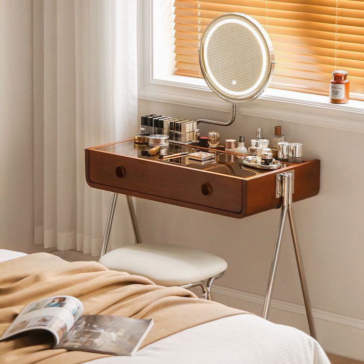 Contemporary Retro Solid Wood Stainless Steel & Glass Rectangular Makeup Vanity 1-Drawer Storage For Bedroom