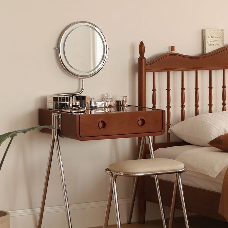 Tocador de maquillaje rectangular contemporáneo retro de madera maciza, acero inoxidable y vidrio con 1 cajón de almacenamiento para el dormitorio 