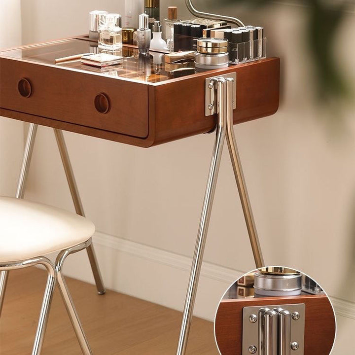 Tocador de maquillaje rectangular contemporáneo retro de madera maciza, acero inoxidable y vidrio con 1 cajón de almacenamiento para el dormitorio 