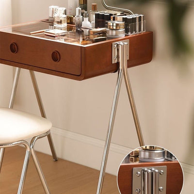 Contemporary Retro Solid Wood Stainless Steel & Glass Rectangular Makeup Vanity 1-Drawer Storage For Bedroom