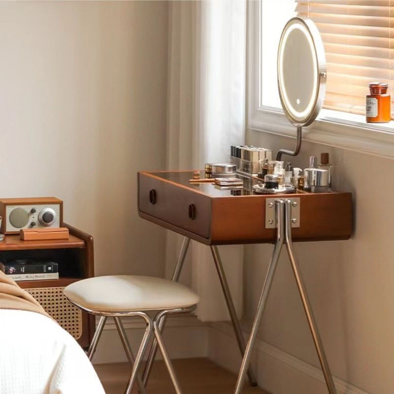 Tocador de maquillaje rectangular contemporáneo retro de madera maciza, acero inoxidable y vidrio con 1 cajón de almacenamiento para el dormitorio 