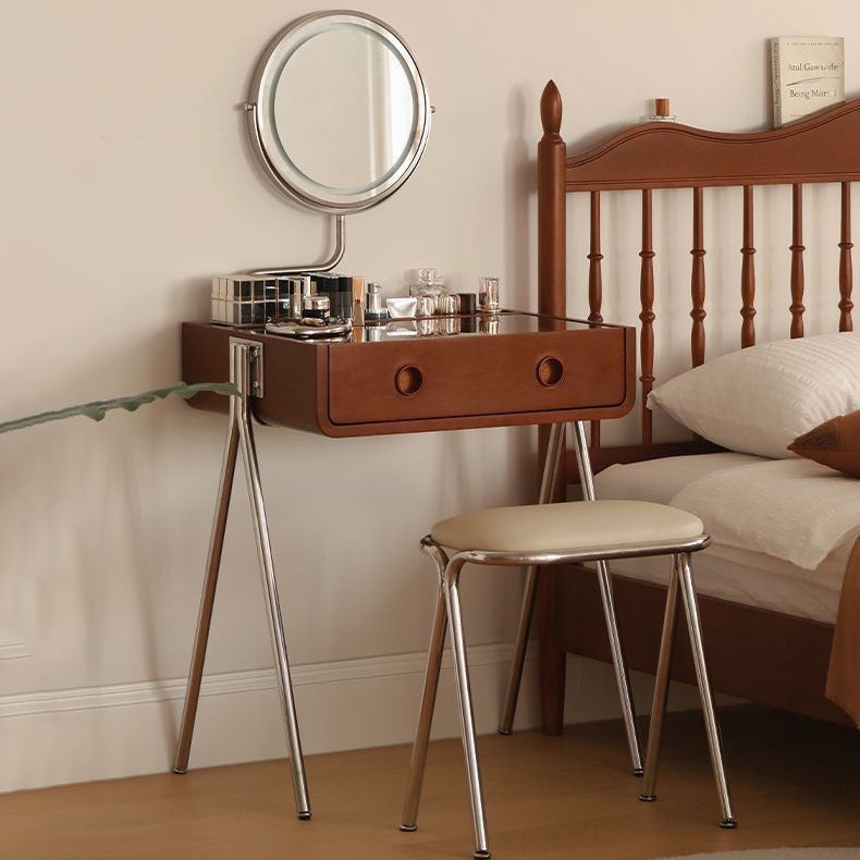 Contemporary Retro Solid Wood Stainless Steel & Glass Rectangular Makeup Vanity 1-Drawer Storage For Bedroom