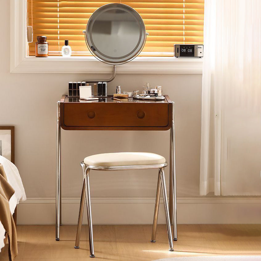 Tocador de maquillaje rectangular contemporáneo retro de madera maciza, acero inoxidable y vidrio con 1 cajón de almacenamiento para el dormitorio 