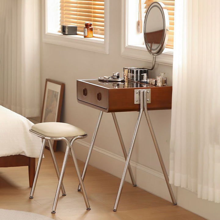 Tocador de maquillaje rectangular contemporáneo retro de madera maciza, acero inoxidable y vidrio con 1 cajón de almacenamiento para el dormitorio 