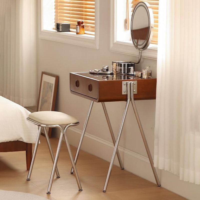 Contemporary Retro Solid Wood Stainless Steel & Glass Rectangular Makeup Vanity 1-Drawer Storage For Bedroom