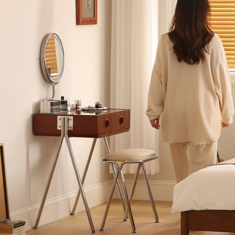Contemporary Retro Solid Wood Stainless Steel & Glass Rectangular Makeup Vanity 1-Drawer Storage For Bedroom