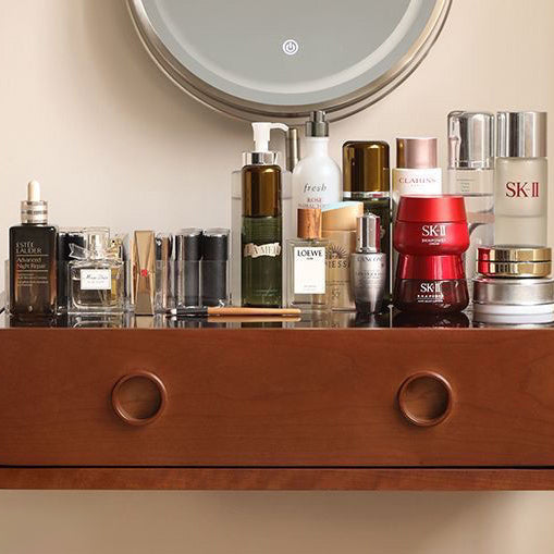 Tocador de maquillaje rectangular contemporáneo retro de madera maciza, acero inoxidable y vidrio con 1 cajón de almacenamiento para el dormitorio 