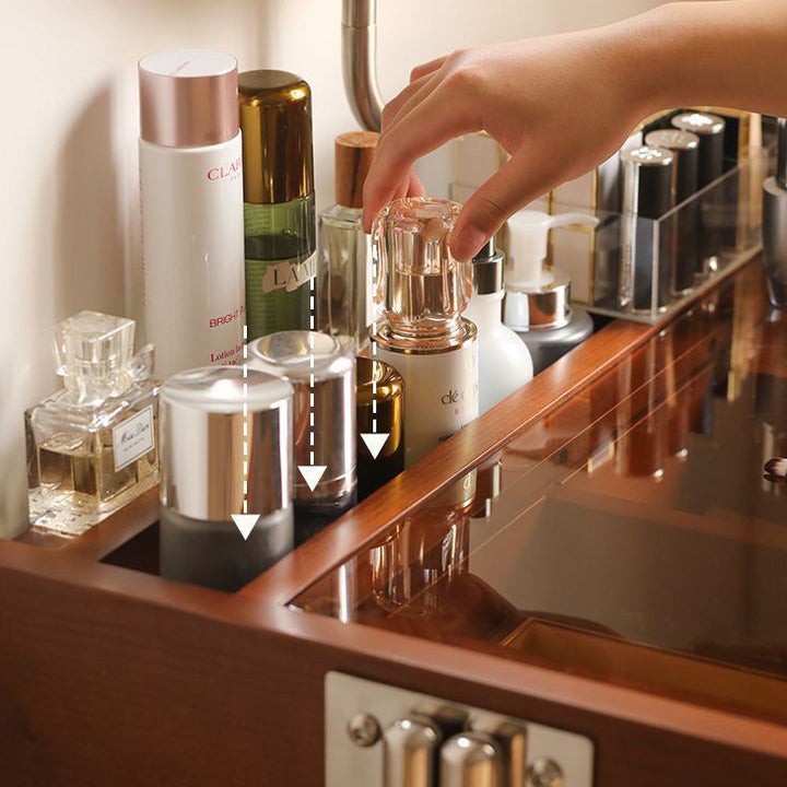 Tocador de maquillaje rectangular contemporáneo retro de madera maciza, acero inoxidable y vidrio con 1 cajón de almacenamiento para el dormitorio 