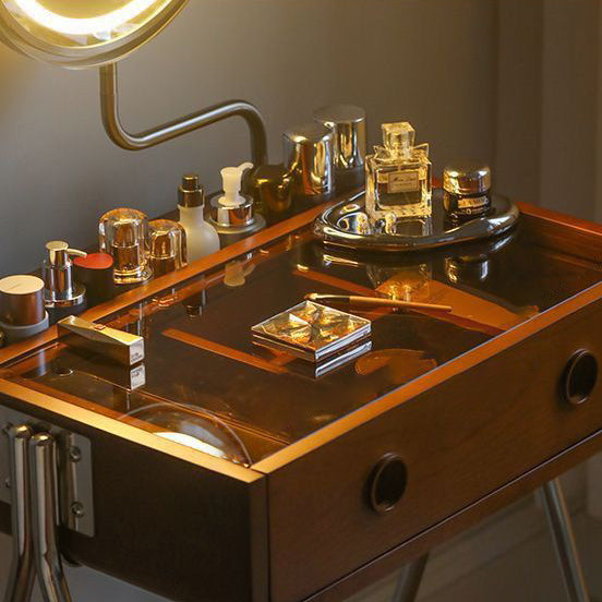 Tocador de maquillaje rectangular contemporáneo retro de madera maciza, acero inoxidable y vidrio con 1 cajón de almacenamiento para el dormitorio 