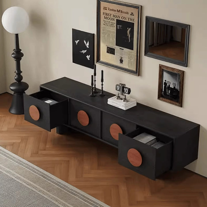 Meuble TV rectangulaire contemporain en pin rétro et bois ciré avec 4 tiroirs pour salon et chambre 