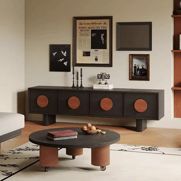 Meuble TV rectangulaire contemporain en pin rétro et bois ciré avec 4 tiroirs pour salon et chambre 