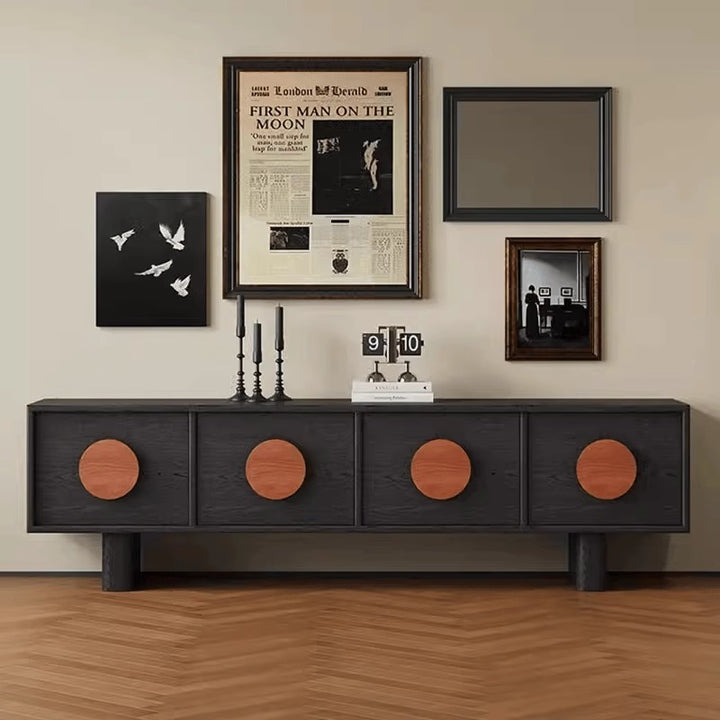 Meuble TV rectangulaire contemporain en pin rétro et bois ciré avec 4 tiroirs pour salon et chambre 