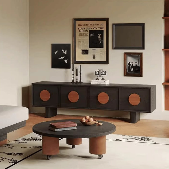 Contemporary Retro Pine & Waxed Wood Rectangular TV Stand Cabinet With 4 Drawers For Living Room & Bedroom