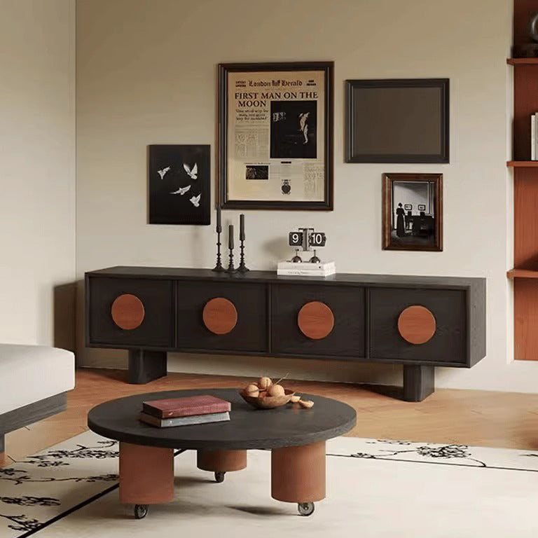 Contemporary Retro Pine & Waxed Wood Rectangular TV Stand Cabinet With 4 Drawers For Living Room & Bedroom