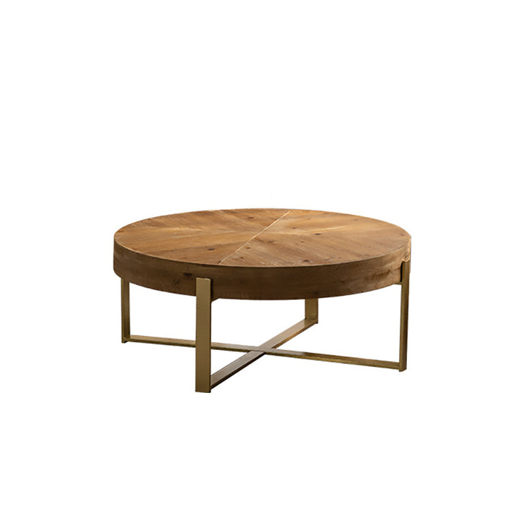 Traditional Vintage MDF Chinese Fir &amp; Iron Round Low Coffee Table With X-Shaped Leg For Living Room
