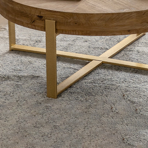 Traditional Vintage MDF Chinese Fir &amp; Iron Round Low Coffee Table With X-Shaped Leg For Living Room