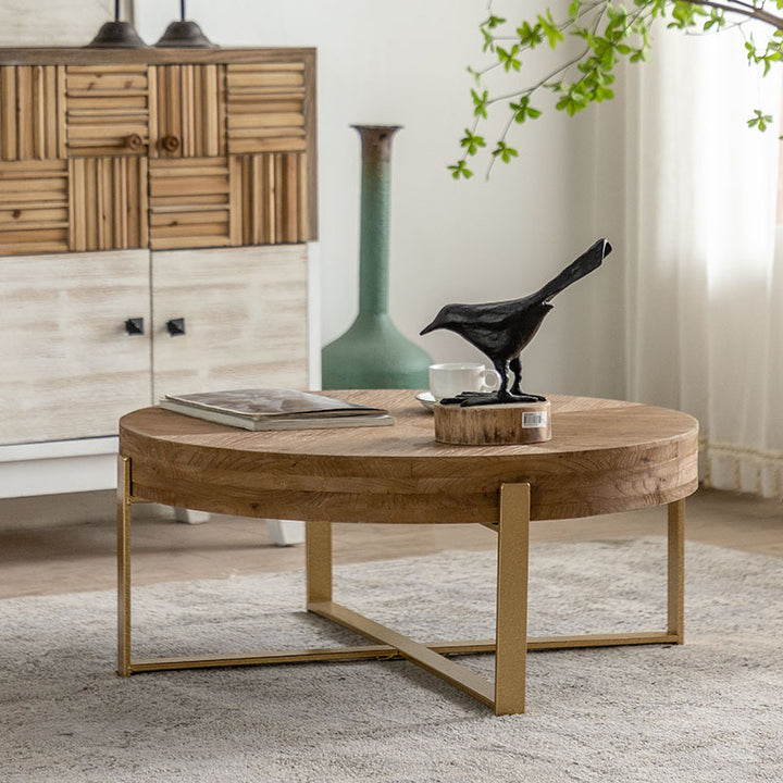 Traditional Vintage MDF Chinese Fir &amp; Iron Round Low Coffee Table With X-Shaped Leg For Living Room