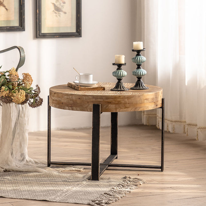 Traditional Vintage MDF Chinese Fir &amp; Iron Round Low Coffee Table With X-Shaped Leg For Living Room