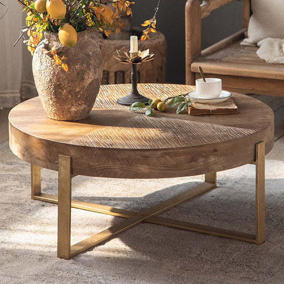 Traditional Vintage MDF Chinese Fir &amp; Iron Round Low Coffee Table With X-Shaped Leg For Living Room